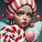 Fantasy female character with striped headwear and candy cane, with winged miniature version