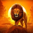 Colorful lion illustration in fiery forest setting.