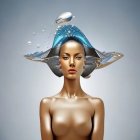 Surreal image: Woman's head emerges from water with frozen droplets creating splash crown.