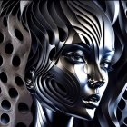 Profile view digital artwork of a woman with metallic floral patterns on head, face, and neck against dark