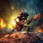 Anthropomorphic ant playing guitar on rocky ground