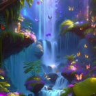 Colorful waterfall painting with butterflies and lush forest