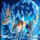 Decorated reindeer under starry sky with snow-covered trees and glowing aurora.