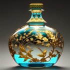 Ornate glass perfume bottle with swirling turquoise and gold liquid against gray backdrop