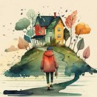 Illustration of person and cat near colorful autumn house with water reflection