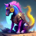 Colorful fantasy art of armored purple horse with fiery orange mane