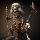Fantasy artwork of pale child in golden attire with winged cat & bird creatures