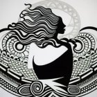 Monochrome illustration of woman with intricate hair patterns
