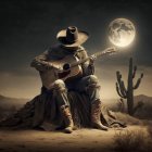 Cowboy playing guitar under glowing moon in desolate landscape