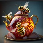 Whimsical 3D illustration: Oversized honeybees with ornate teapot & sa