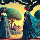 Two women in elaborate blue gowns in fantastical forest with vibrant trees and white horse.