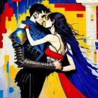 Man in Blue Armor Embraces Woman in Colorful Dress against Abstract Background