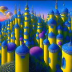 Colorful whimsical cityscape illustration with turrets and twilight sky