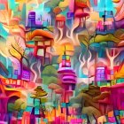 Colorful Whimsical Landscape with Castles, Trees, and Boat