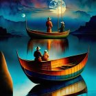 Moonlit sky over calm waters with two boats and fishing individuals