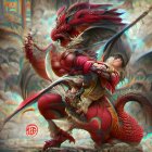 Colorful Fantasy Artwork: Dragon and Bird with Intricate Patterns