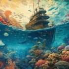 Colorful fish, corals, sailing ships, and surreal sky in underwater scene