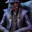 Stylized skeleton in purple suit, top hat, and sunglasses on elegant chair with rose
