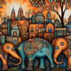 Colorful Illustration: Decorated Elephants in Whimsical Forest