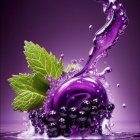 Purple Liquid Splashing Around Glossy Spherical Object with Mint Leaves on Purple Background