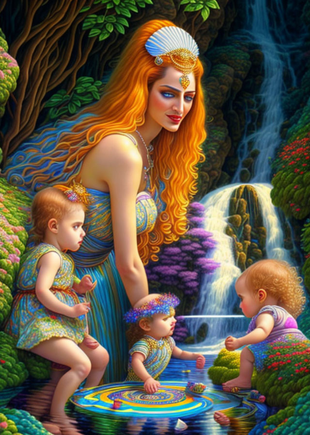 Red-haired woman with jeweled headpiece and toddlers in mystical forest.