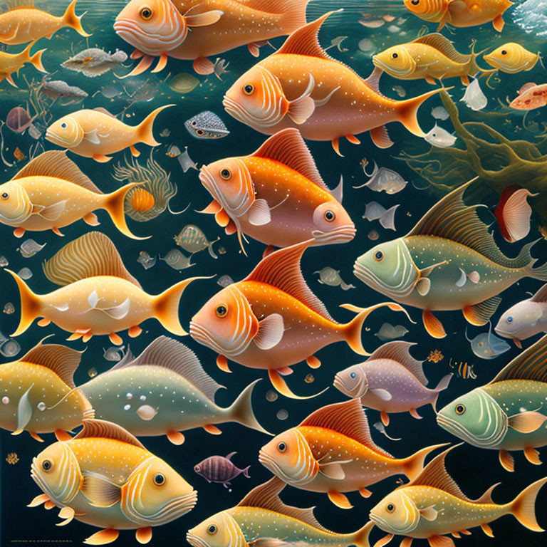 Colorful Fish Illustration Swimming in Dark Aquatic Scene