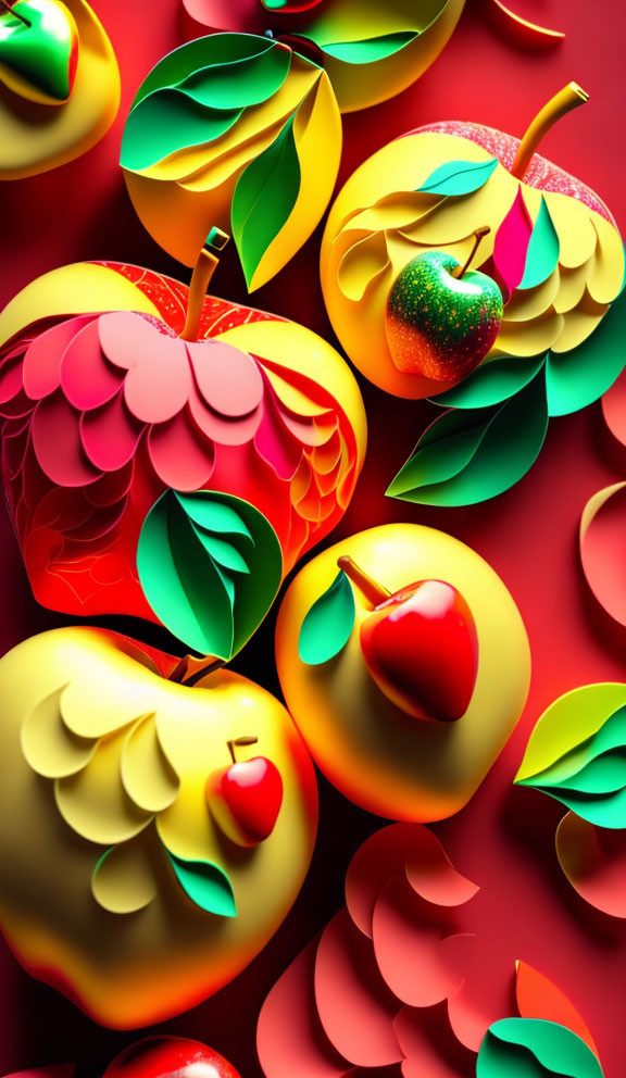 Vibrant paper art of stylized apples on red background