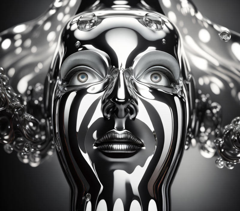 Surreal metallic humanoid face with black and white stripes and water droplets.
