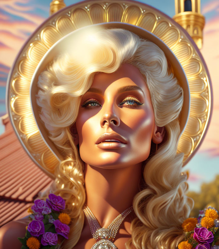 Golden-haired woman with halo and flowers in digital portrait
