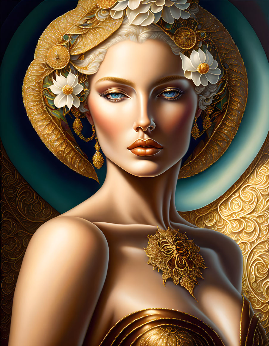 Woman with Golden Headdress and Ornate Jewelry in Stylized Artwork