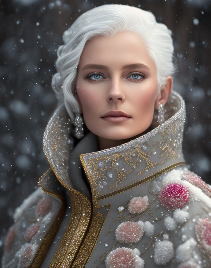 Digital portrait of woman with white hair, blue eyes, and golden embroidered cape in snowfall.