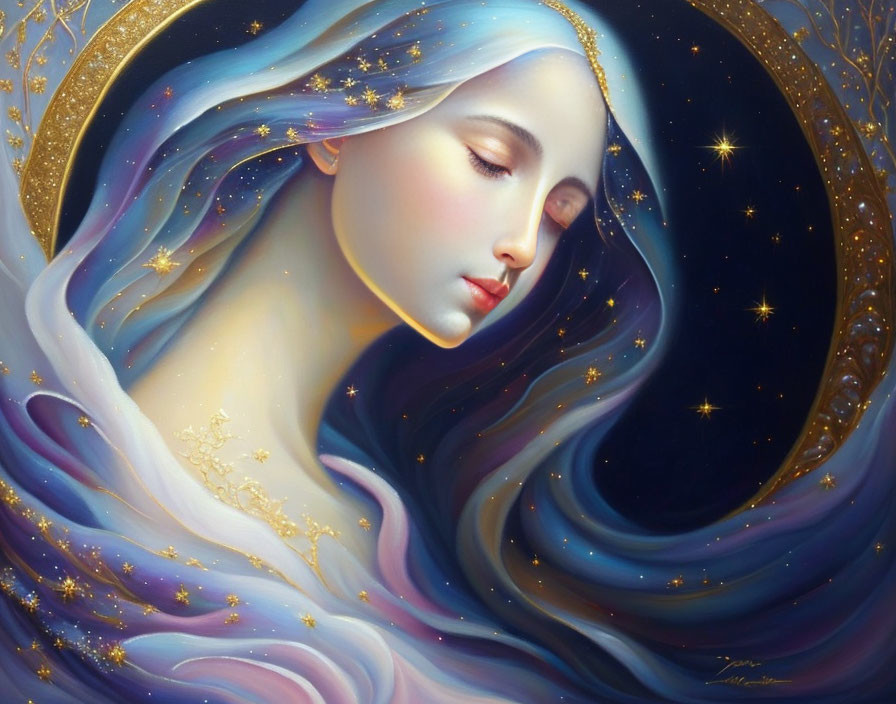 Woman with flowing hair in starry night sky within golden crescent moon