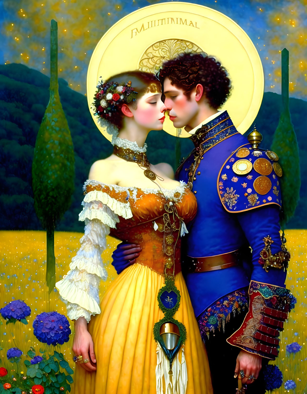 Historically inspired couple in elaborate costumes amidst yellow flower field