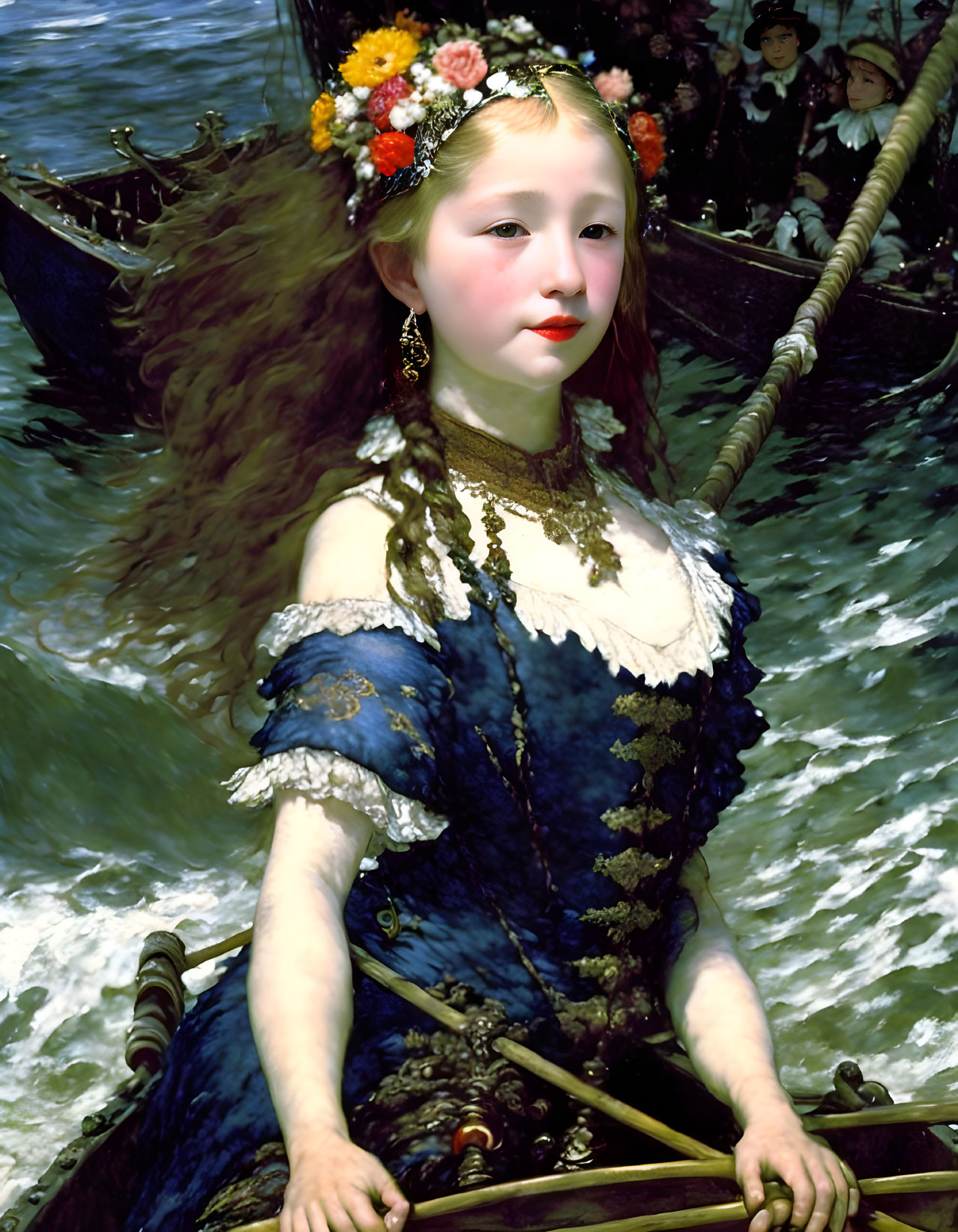 Young girl in blue dress with floral wreath on boat at sea