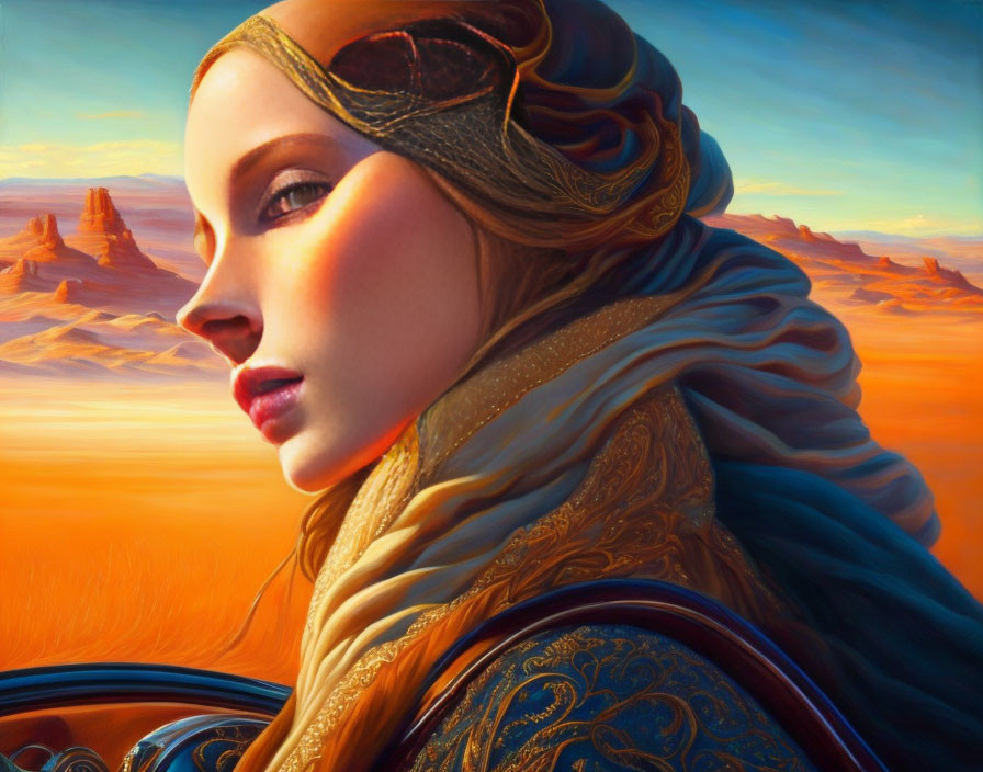 Woman in Headscarf Gazes at Sunset Desert Landscape