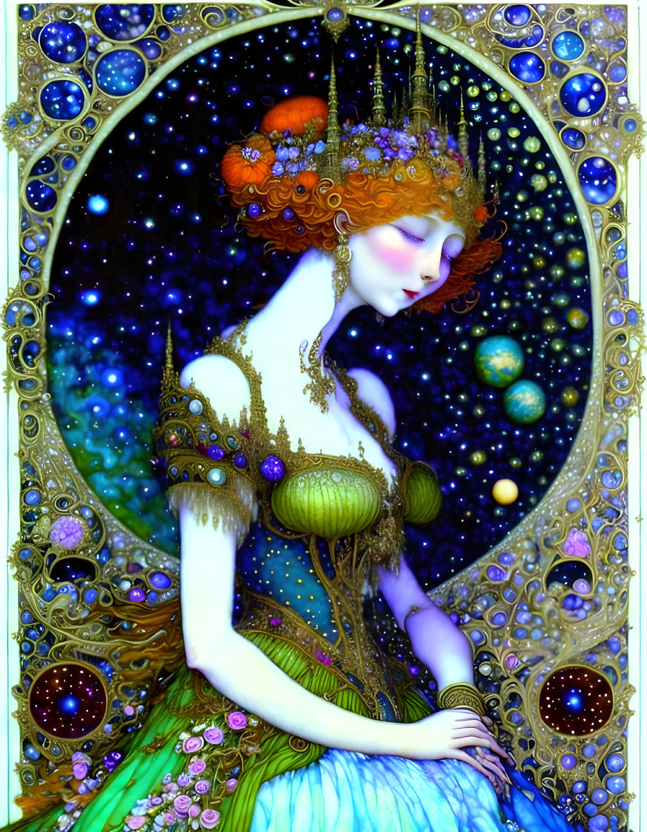 Illustration: Red-haired woman in ornate dress with cosmic backdrop in Art Nouveau style