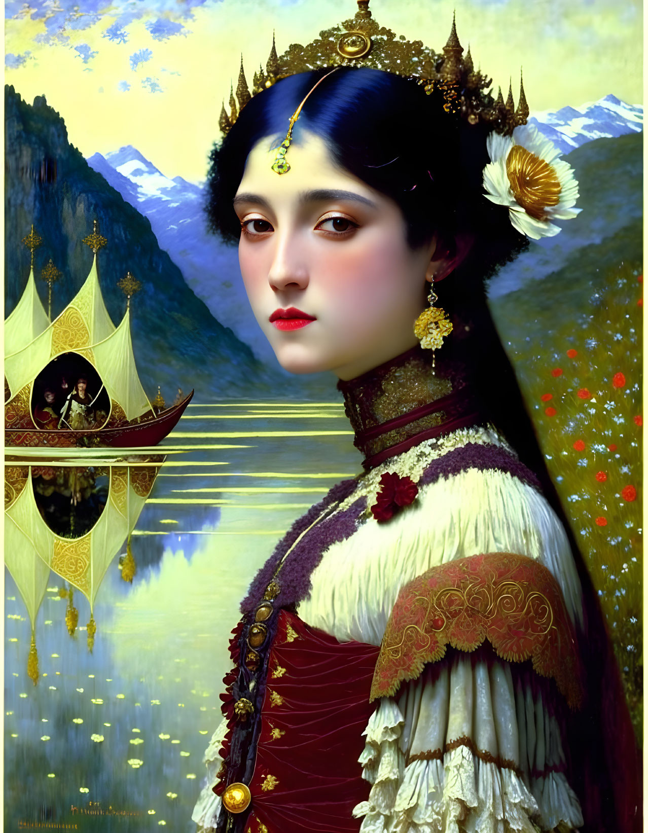 Regal woman in traditional attire by serene lake