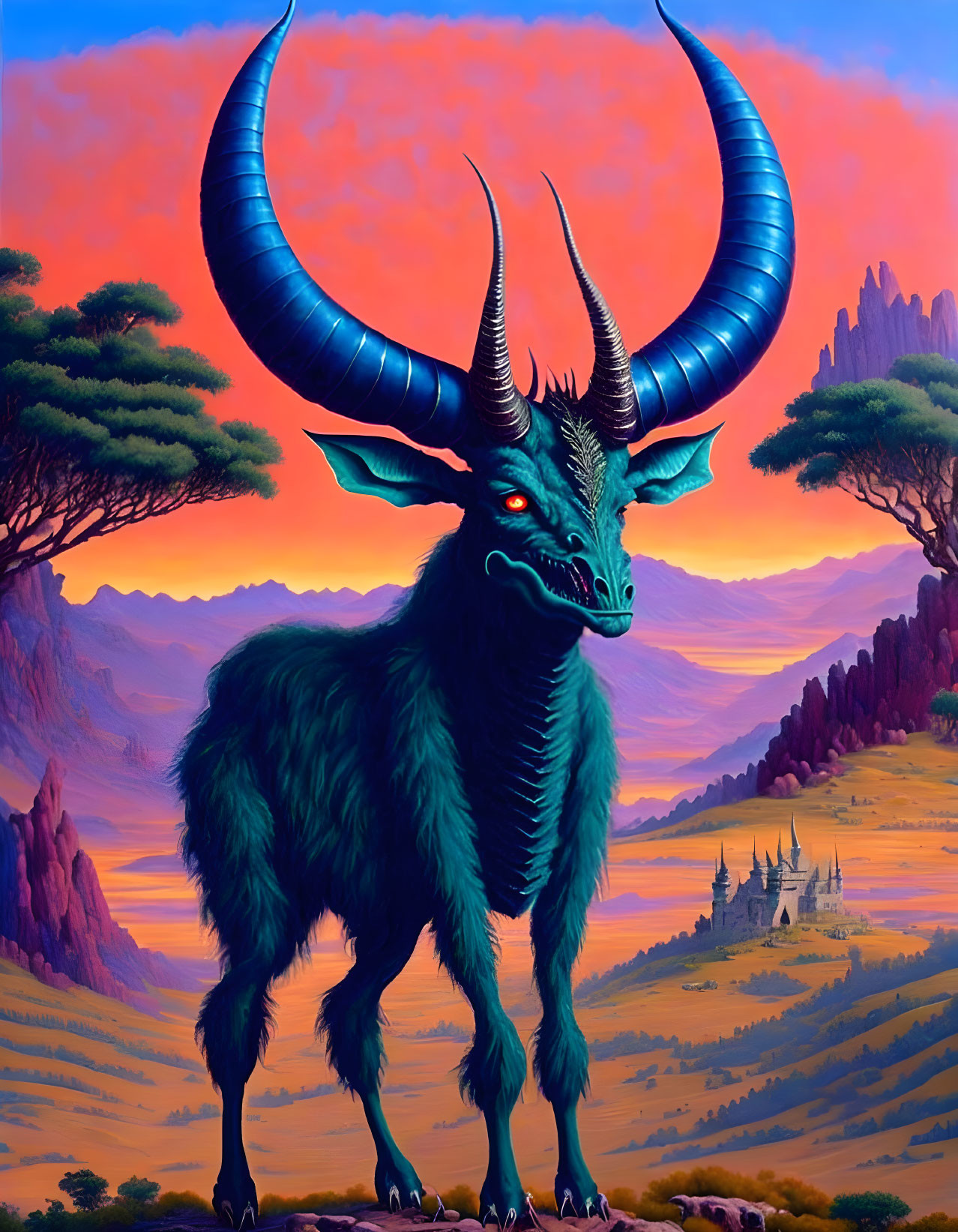Majestic mythical creature with long horns in fantasy landscape