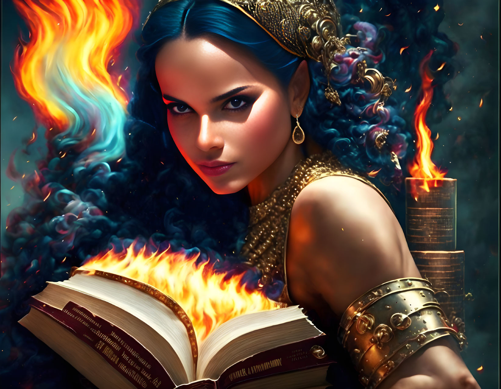 Woman adorned in ornate gold jewelry with fiery mane emerging from open book