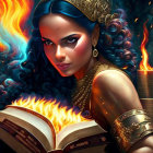 Woman adorned in ornate gold jewelry with fiery mane emerging from open book