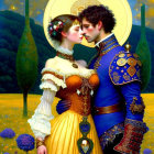 Historically inspired couple in elaborate costumes amidst yellow flower field