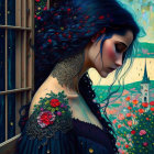 Illustrated woman with dark hair and floral tattoo looking out window at colorful landscape
