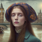 Young Woman in Vintage Attire with London Background