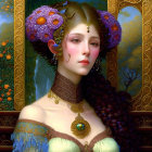 Art Nouveau Woman Painting with Ornate Costume and Fruit Headdress