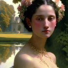 Portrait of woman with floral wreath, gold necklace, serene background with water and architecture.