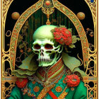 Gold-framed floral skull on vibrant green background - gothic design.
