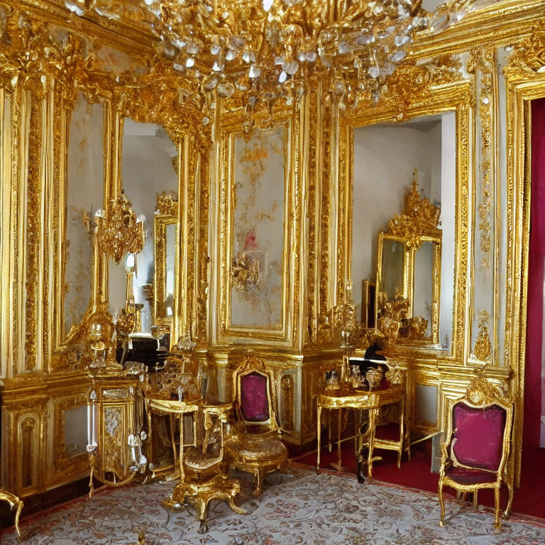 Luxurious Room with Golden Walls, Crystal Chandelier, & Red Upholstered Furniture