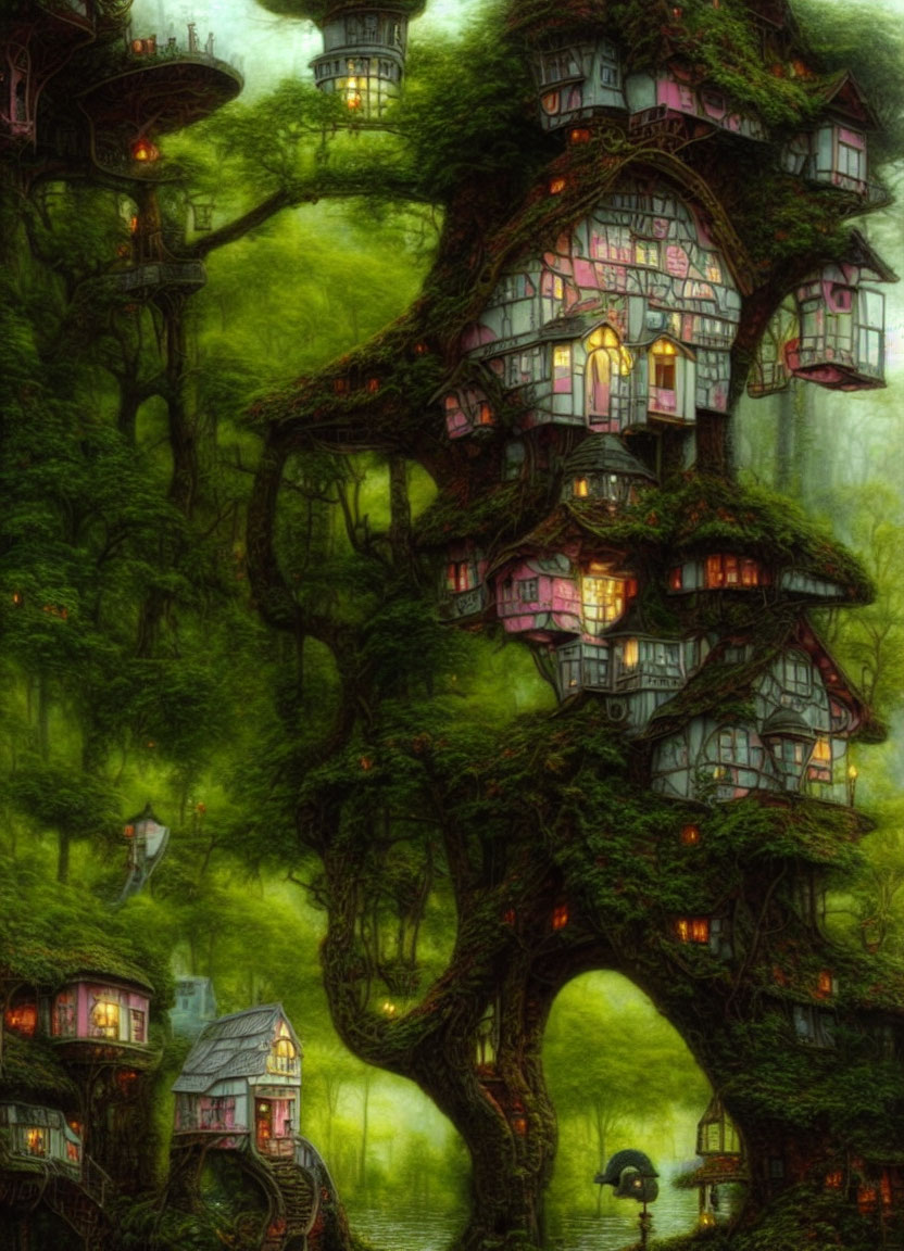 Intricate architecture of treehouse in lush, mystical forest