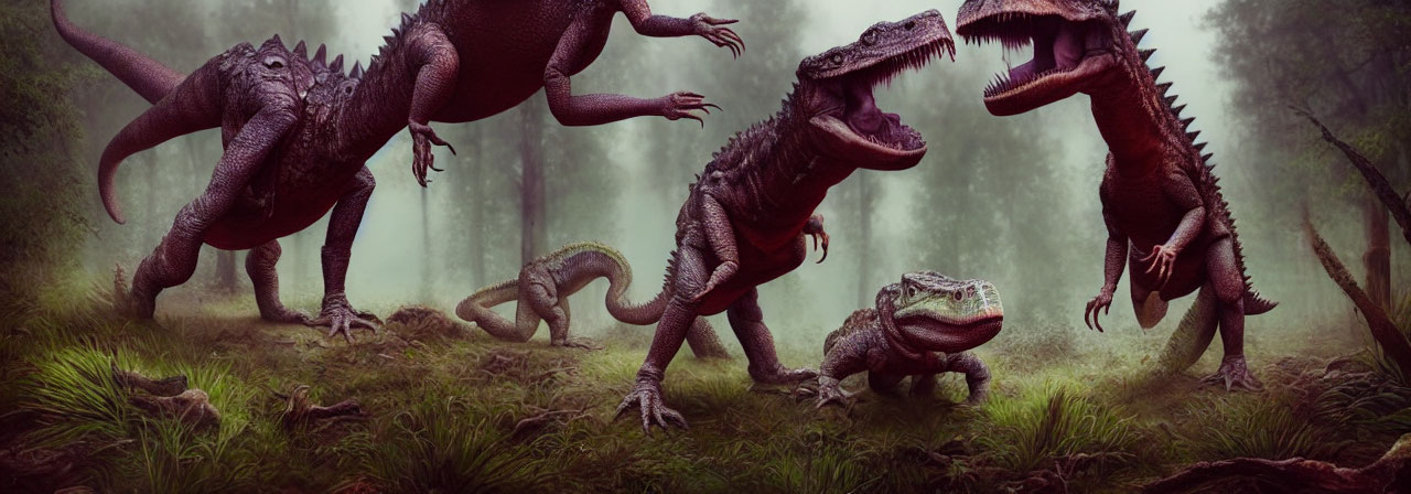 Realistic Dinosaurs Roaming Misty Forest Landscape