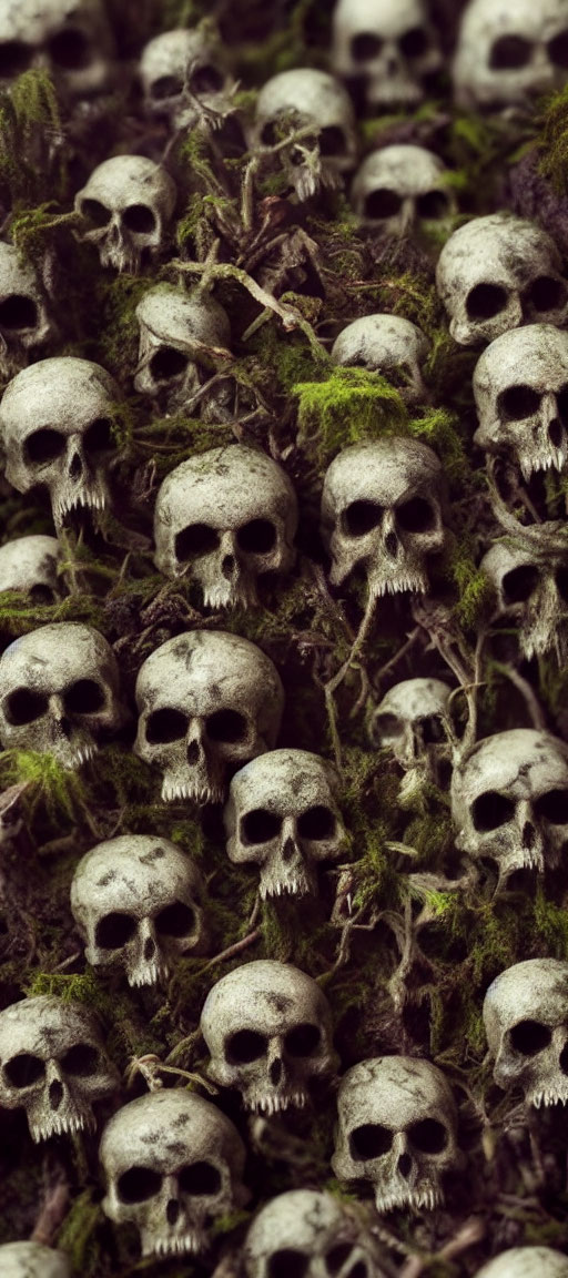 Collection of Fang Skulls Covered in Moss in Dark Setting